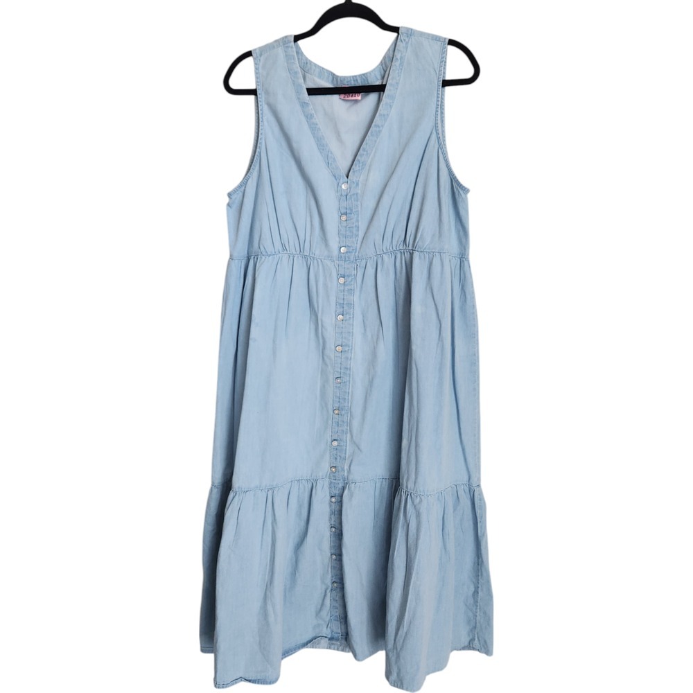 New Directions Women's 1X XL Chambray Tiered Midi Dress Blue Denim Sleeveless‎ - Picture 2 of 13